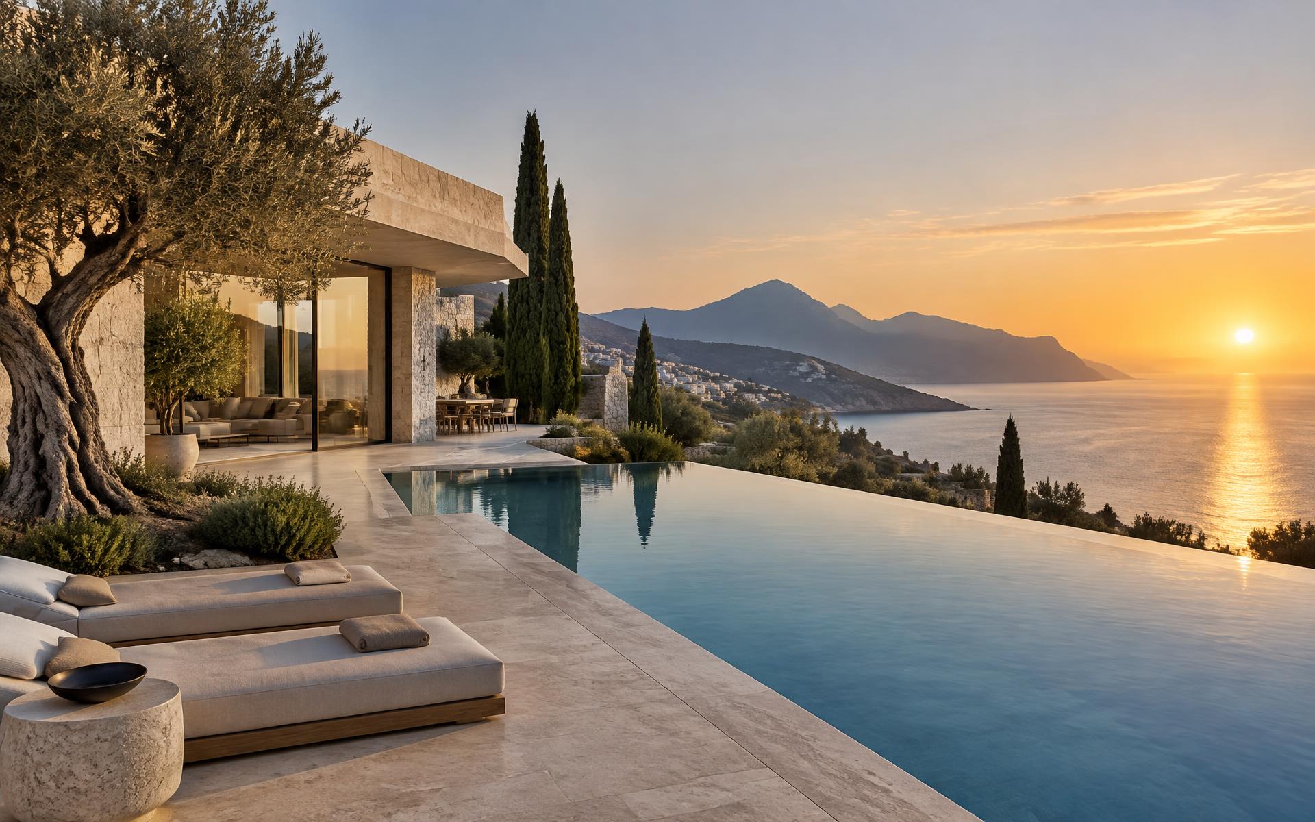 A contemporary villa above the Mediterranean at sunset